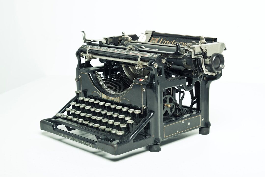 Vintage typewriter with archived press clippings